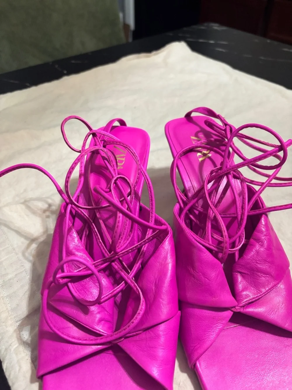 ZARA Hot Pink Twist Knot Lace-Up Sandals - Picture 4 of 7